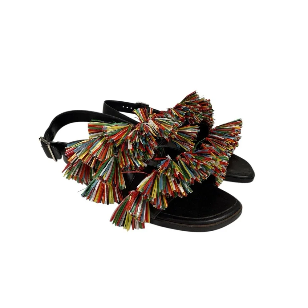Manolo Blahnik Black Espadrille Sandals with Multicolor Tassels